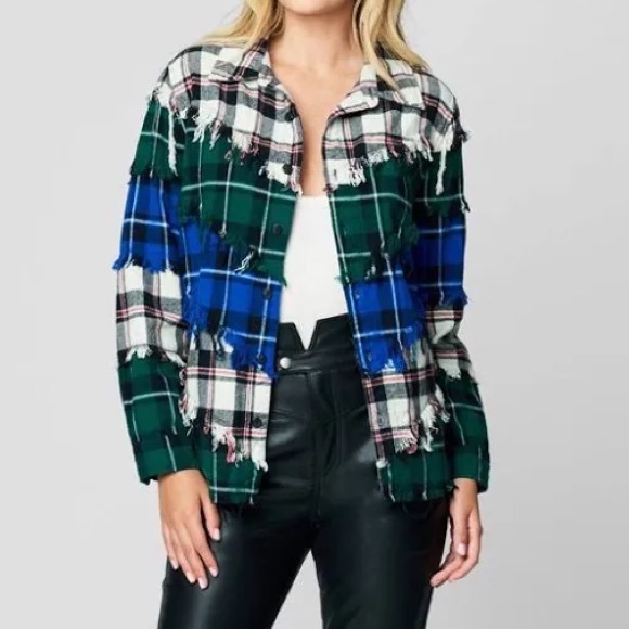 Blank NYC Double Dare Blue Green Plaid Fringe Flannel Shacket Button Down Top M - Picture 3 of 4